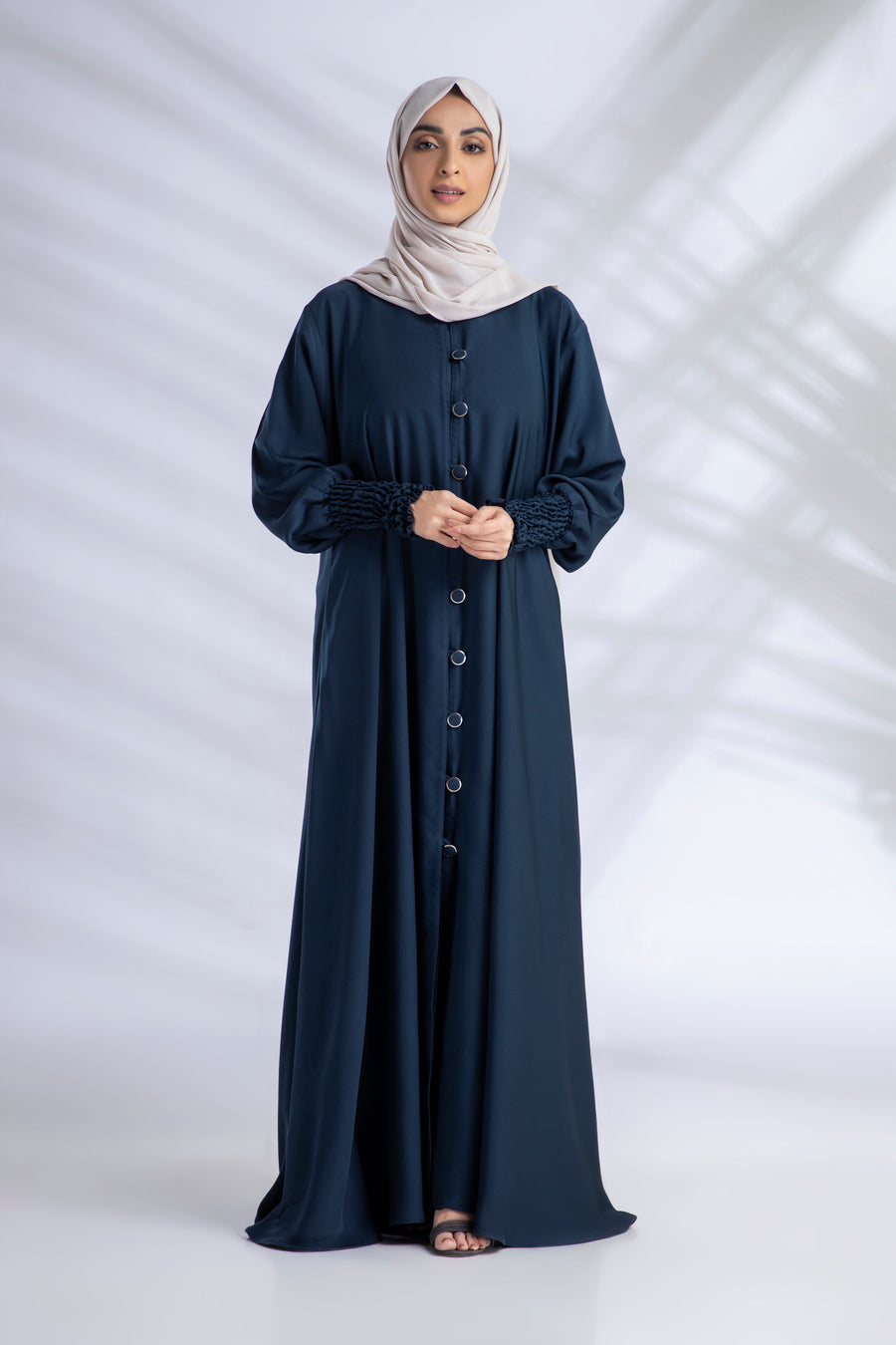 Open Abaya With Buttons Turkish Style Elastic Sleeves
