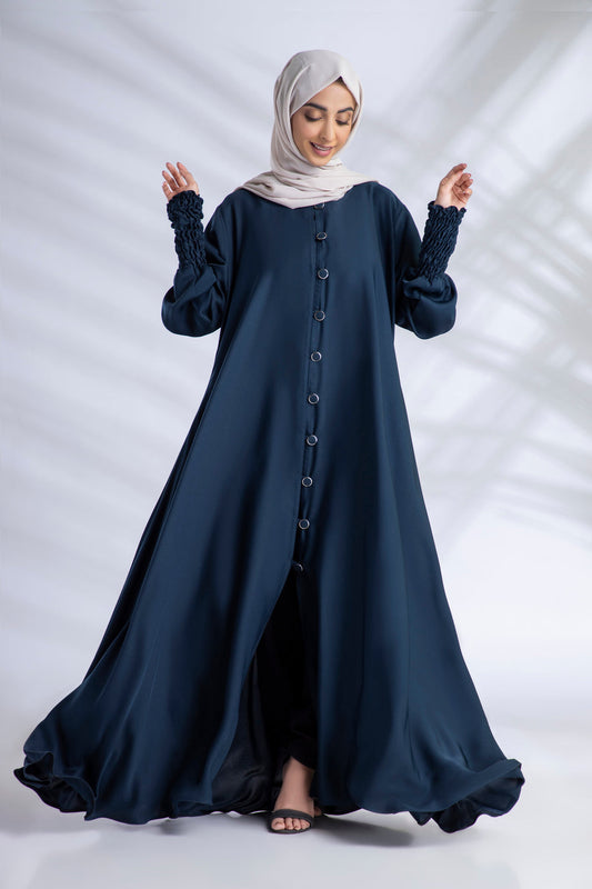 Open Abaya With Buttons Turkish Style Elastic Sleeves