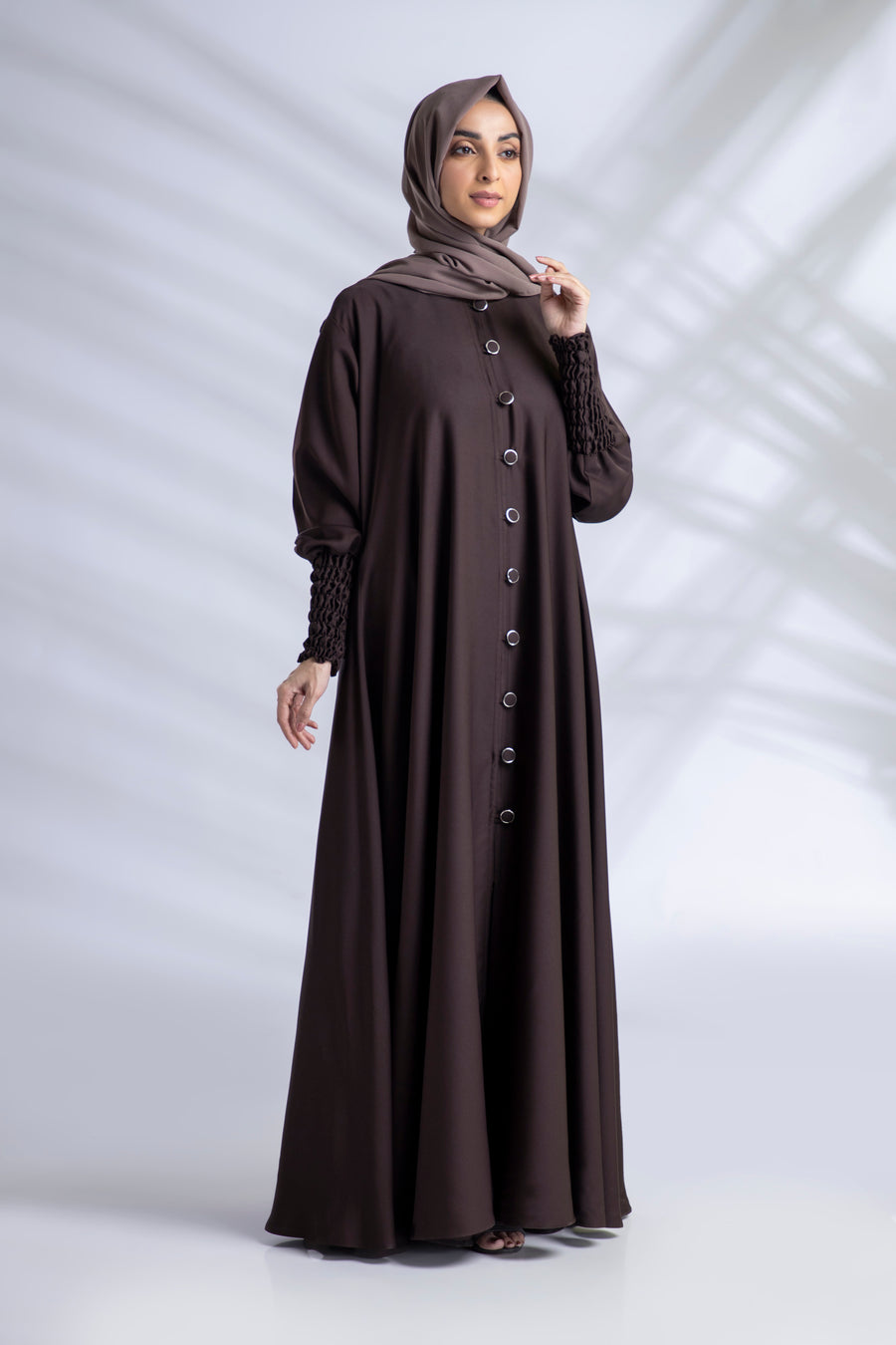 Open Abaya With Buttons Turkish Style Elastic Sleeves