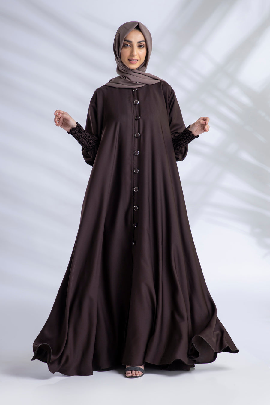Open Abaya With Buttons Turkish Style Elastic Sleeves