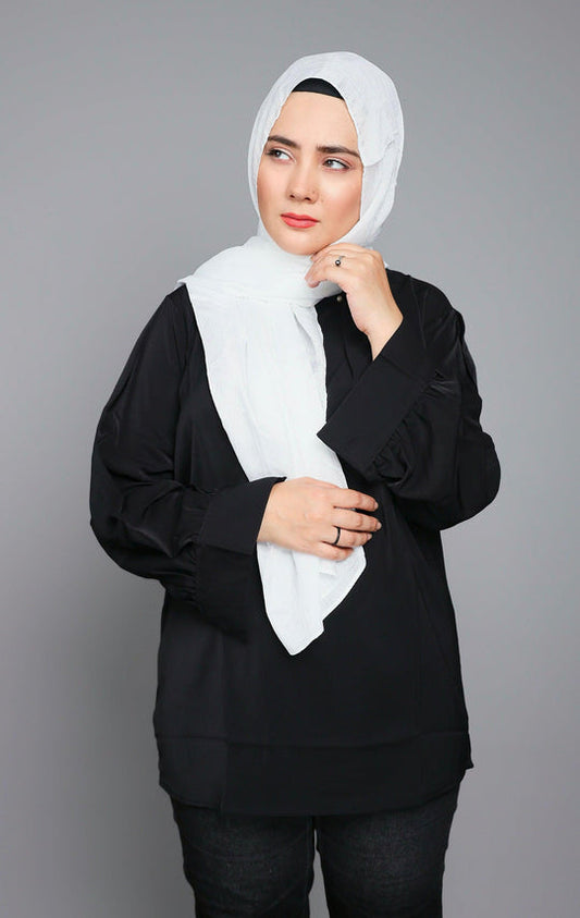 ront close-up of White Metallic Chiffon Hijab showing smooth metallic texture and shine